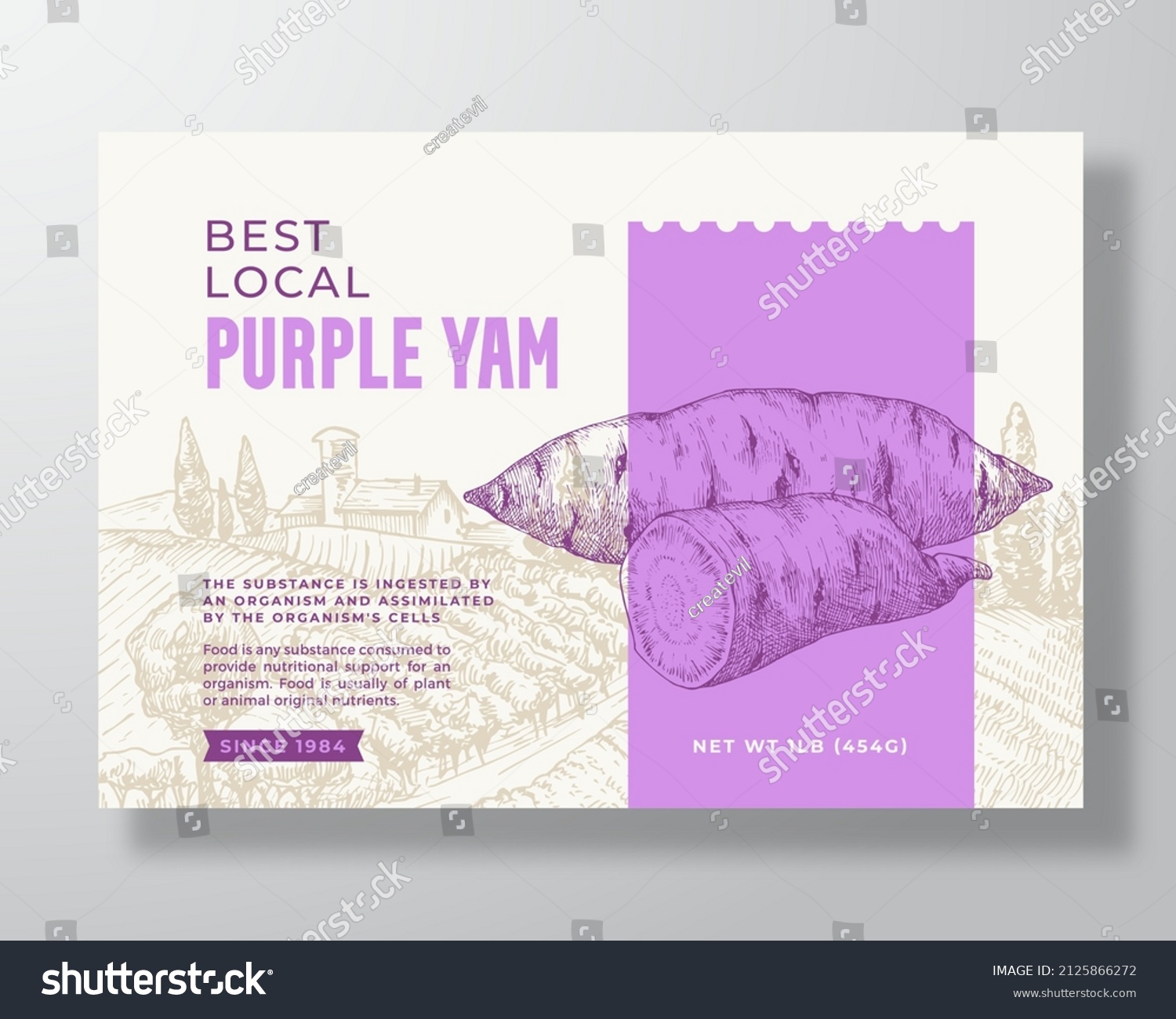 Purple Yam Food Label Template. Abstract Vector Packaging Design Layout. Modern Typography Banner with Hand Drawn Ube Vegetables and Rural Landscape Background. Isolated