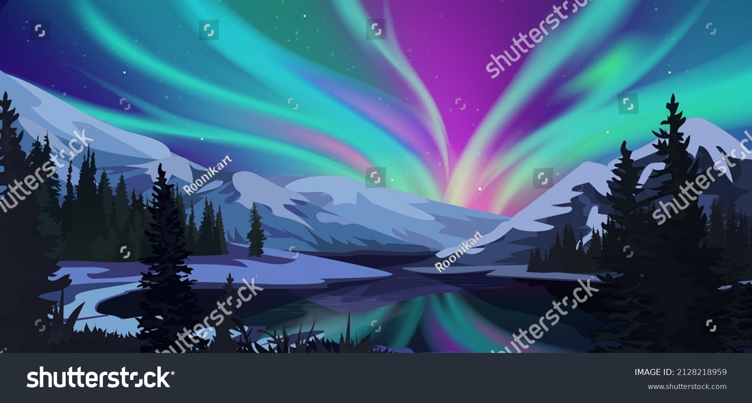 Aurora borealis. Green northern lights above mountains. Winter night landscape.