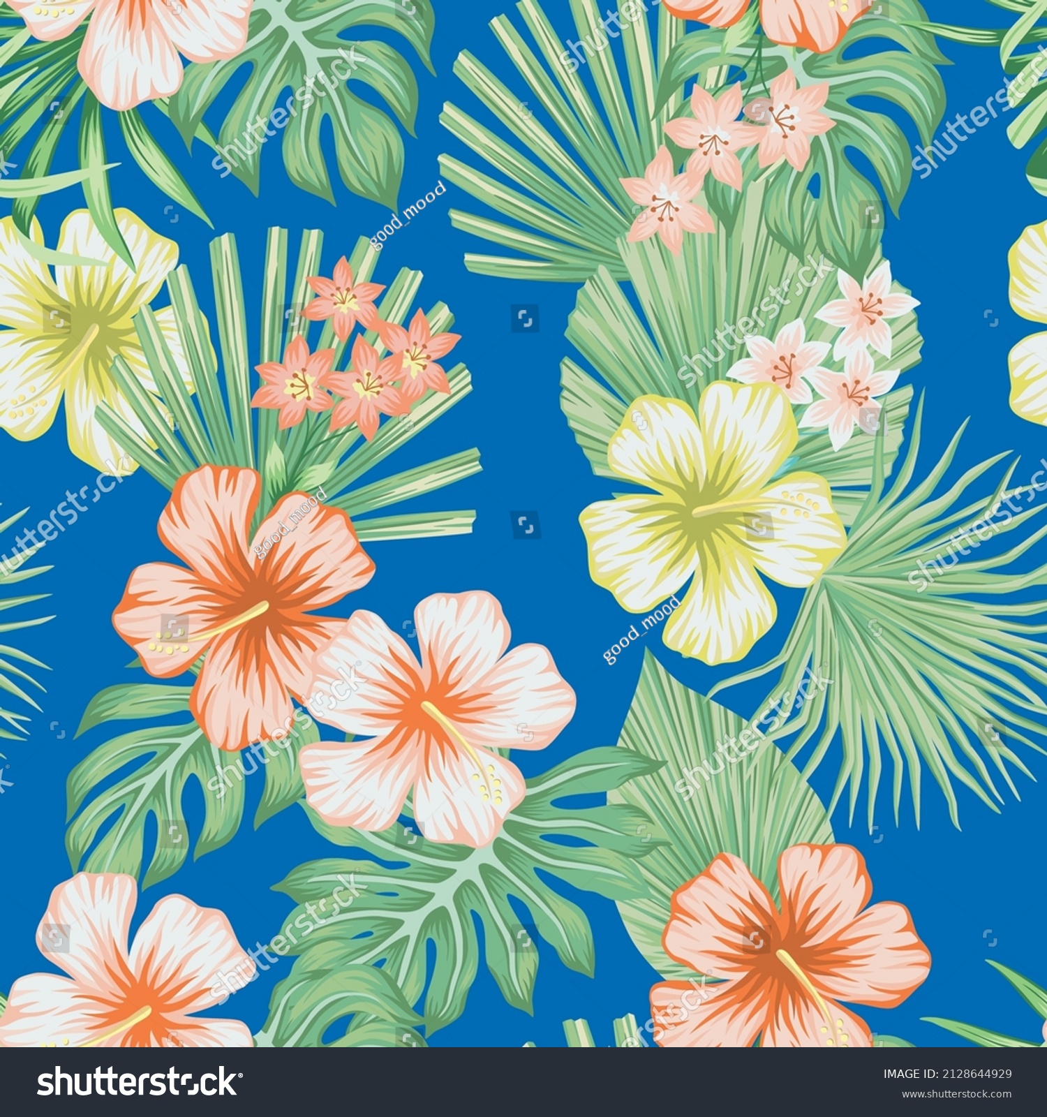 Tropical vintage hibiscus flower palm leaves floral seamless pattern ...