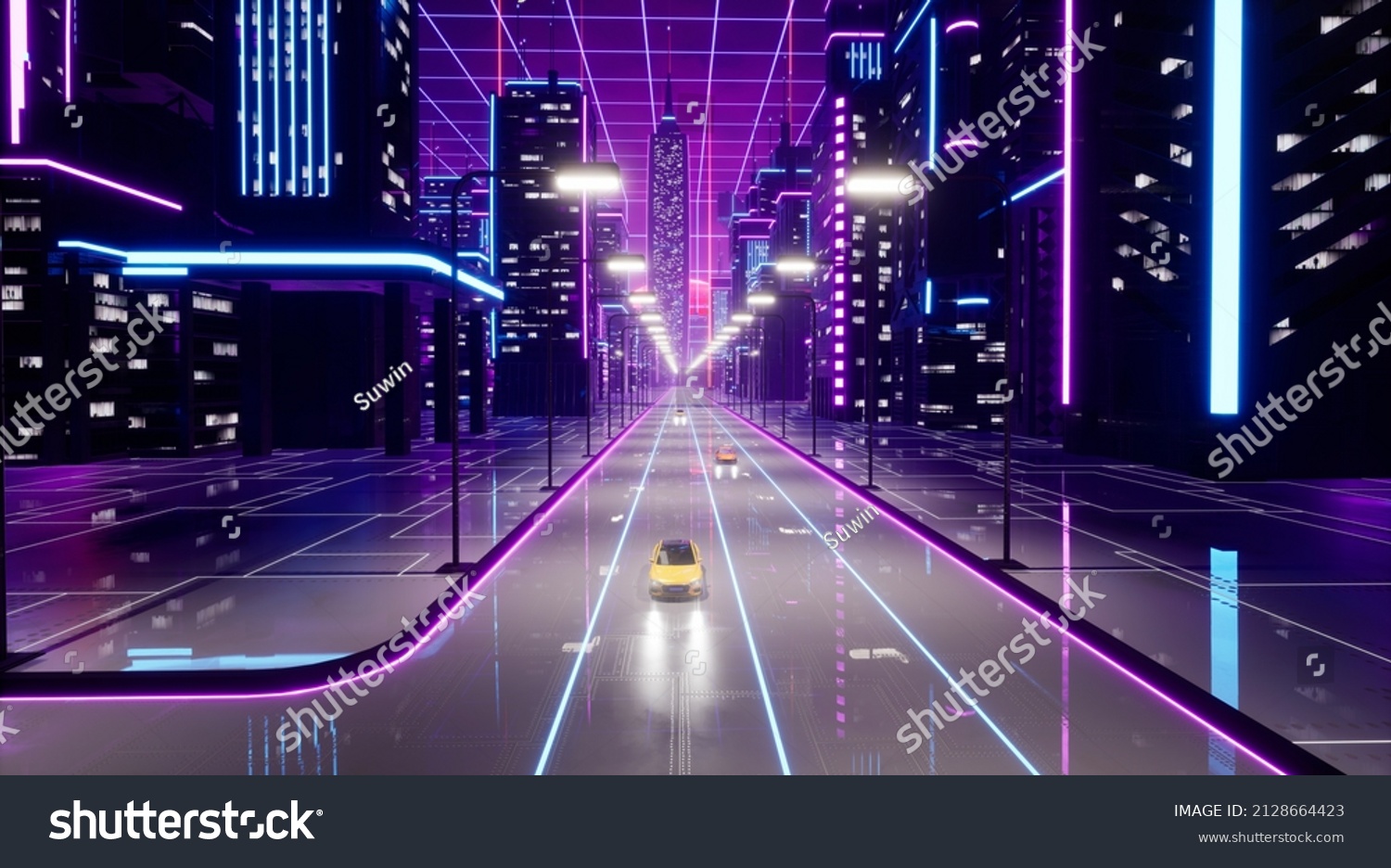 Metaverse city with transport car  3d render