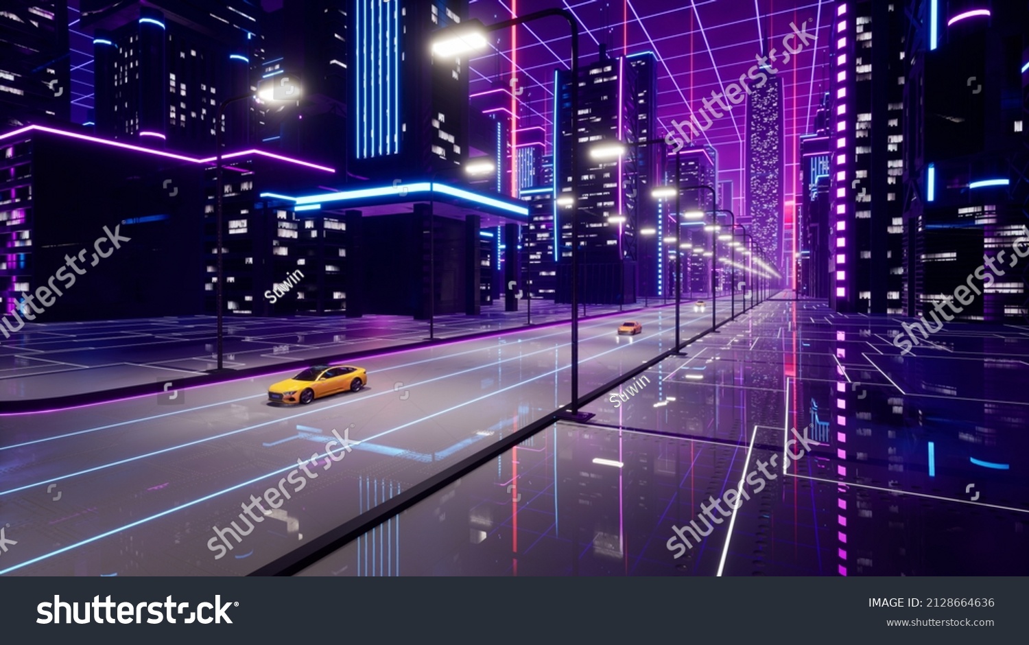 Metaverse city with transport car  3d render