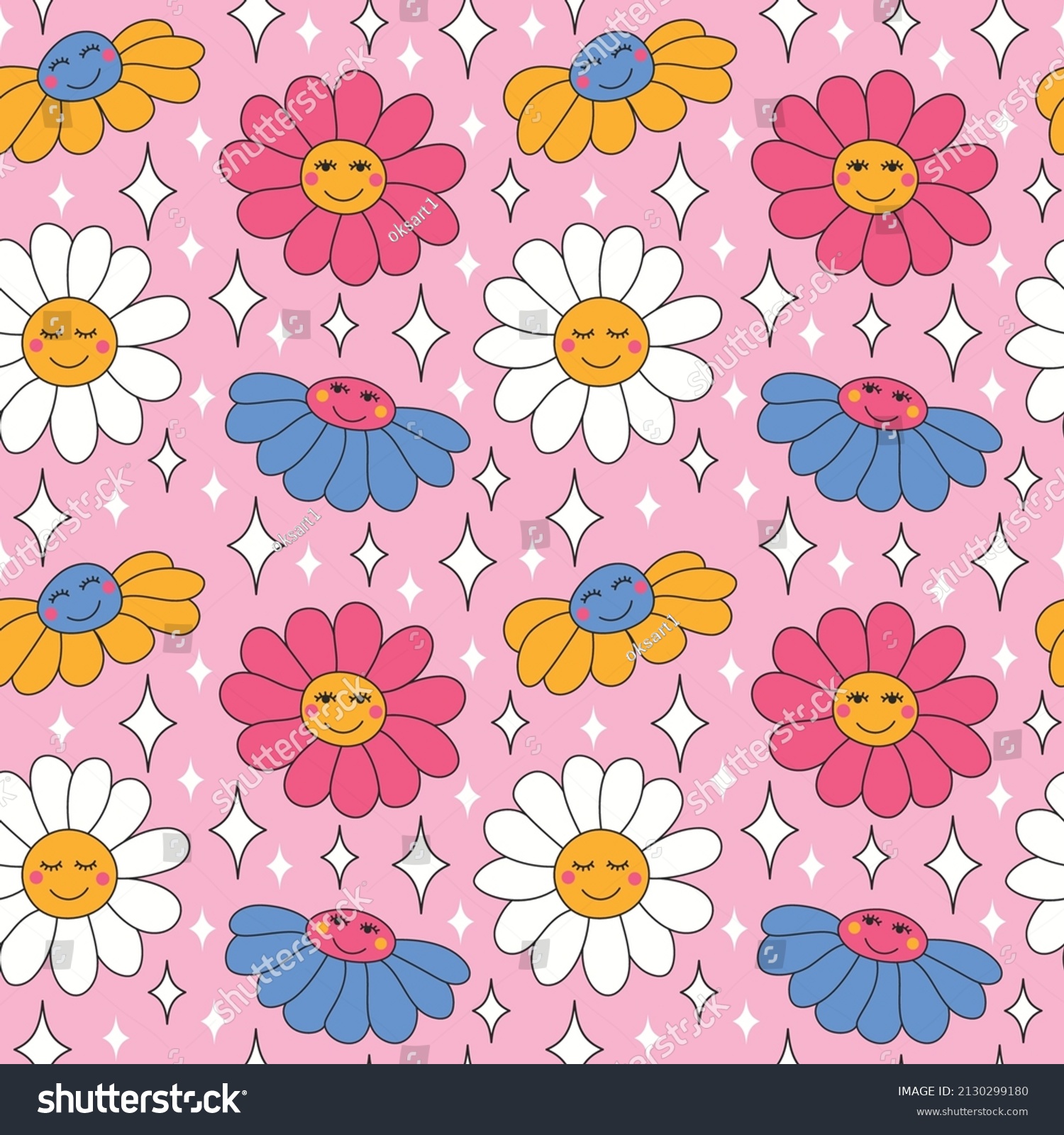 Seamless pattern with retro daisies with smiles and sparkles. Summer simple minimalist flowers. 70 s style plants. Yellow spring daisy. Colorful background. Vector illustration