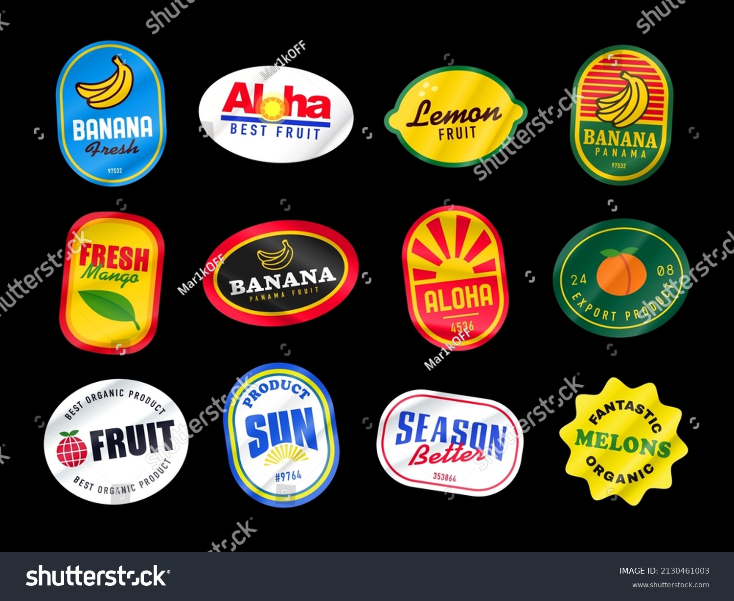 Fruit sticker pack. Fruits stickers. Peeled Paper Stickers. Eco  vegetarian  healthy tag. Isolated on black background