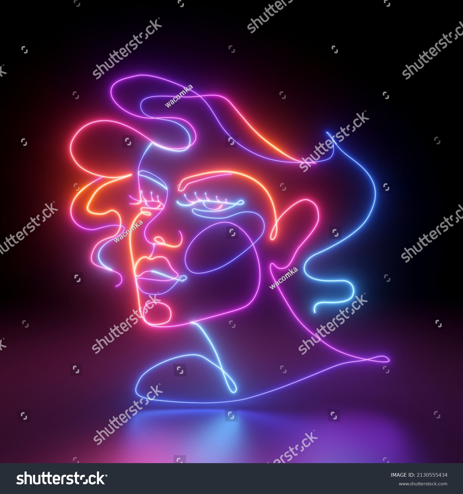 3d rendering  abstract colorful neon woman portrait  linear art over black background