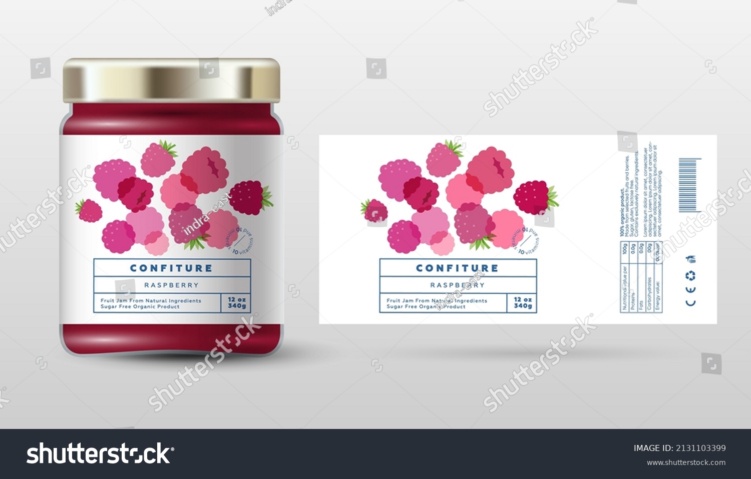 Raspberry confiture. Sweet jam. Transparent berry fruits. Label and packaging simple design.