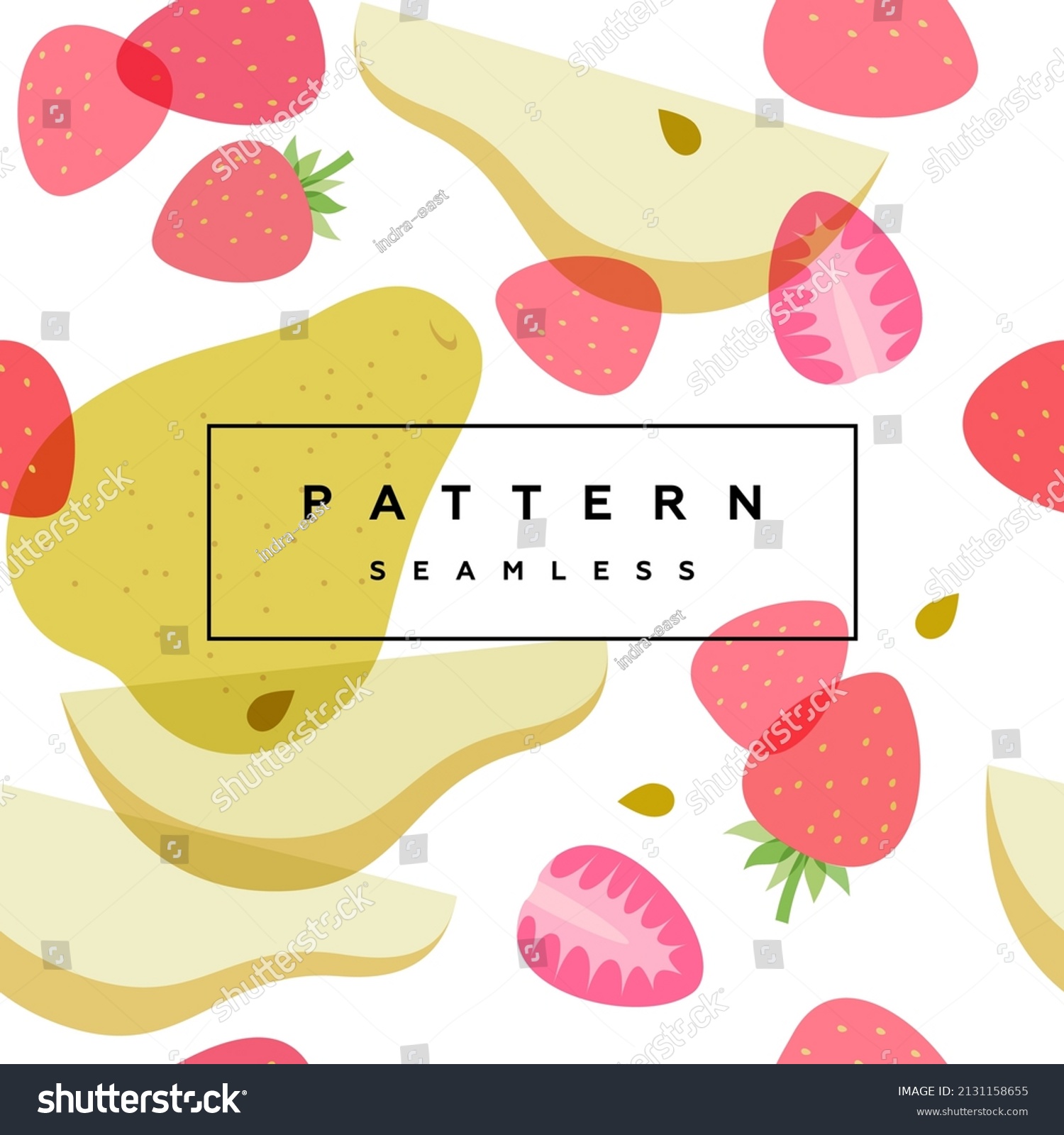 Pear and strawberry seamless pattern. Fruits and berries background. Transparent berries  fruits and frame with text is on separate layer. Label and packaging simple design.