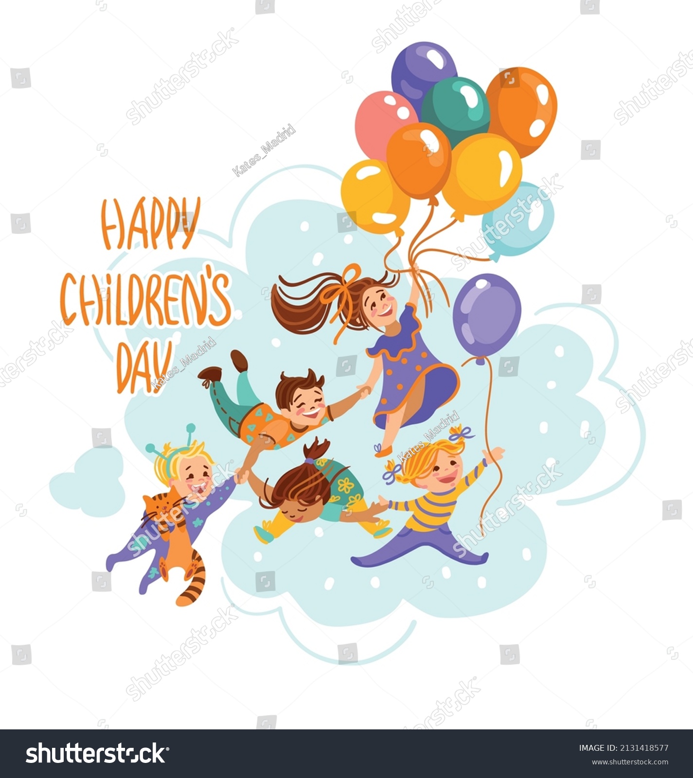 Laughing children fly clutching a bunch of balloons. Children's day.  Vector illustration. 