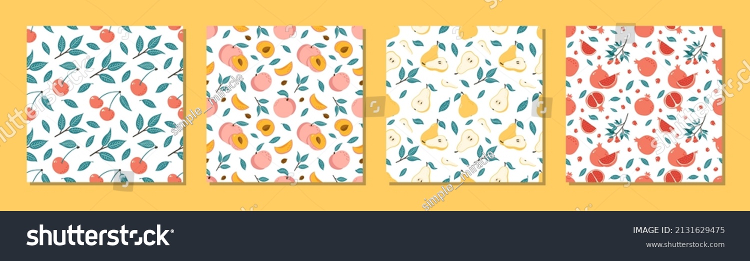Juicy Fruits Seamless Patterns Set. Collection of Hand Drawn Vibrant Ripe Cherry  Peaches  Pears and Garnets Vector Illustrations for wrapping paper  textile prints  food and juice package design
