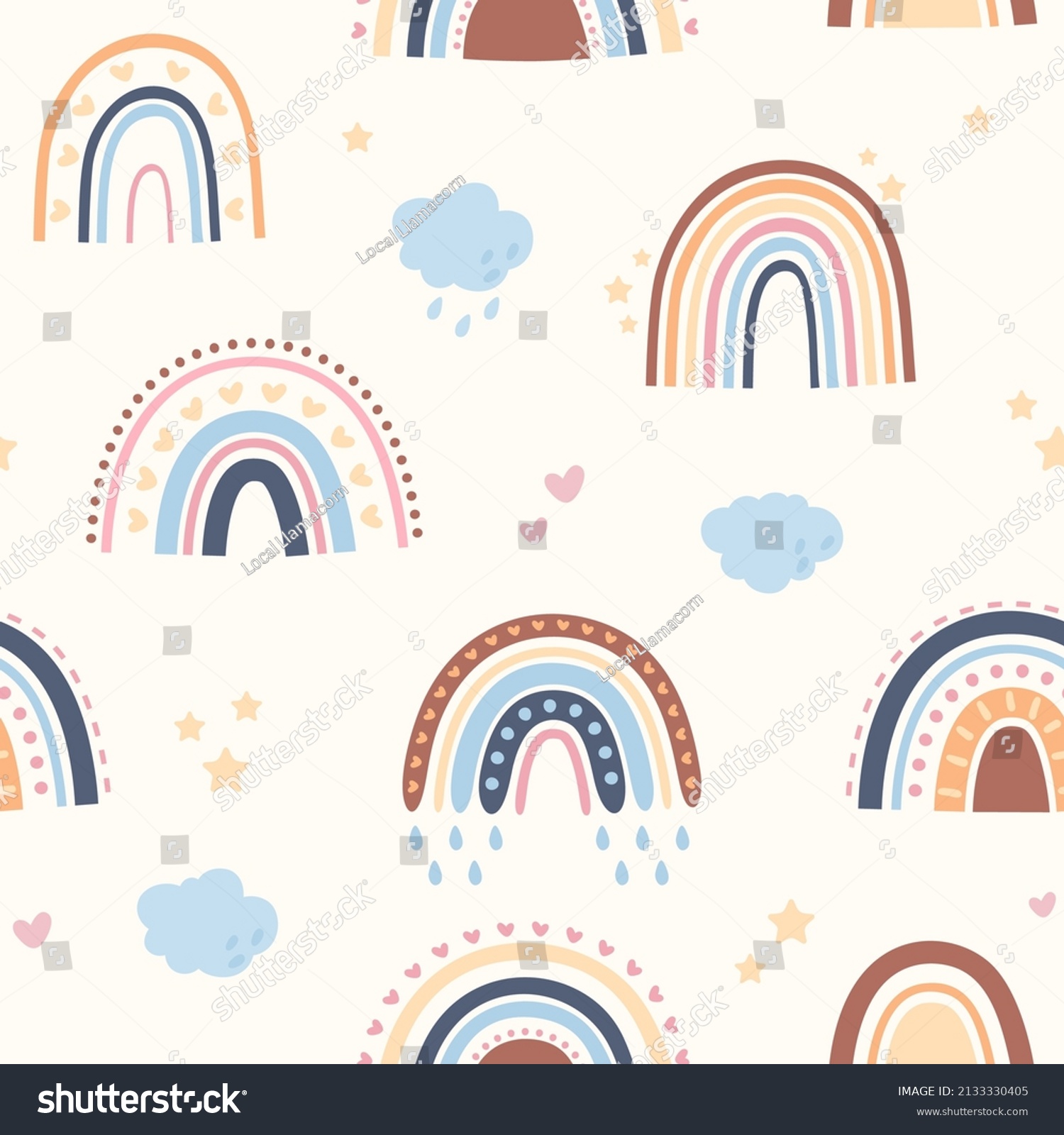 Cute childish seamless pattern with rainbows hearts and stars ...