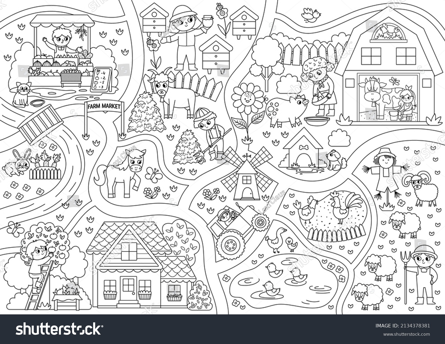 Farm black and white village map. Country life outline background