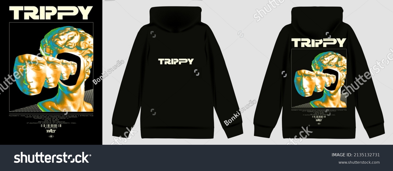 Modern poster of a statue of David  with text "Trippy" . In Techno style  stylish print for streetwear  print for t-shirts and hoodies  isolated on black background