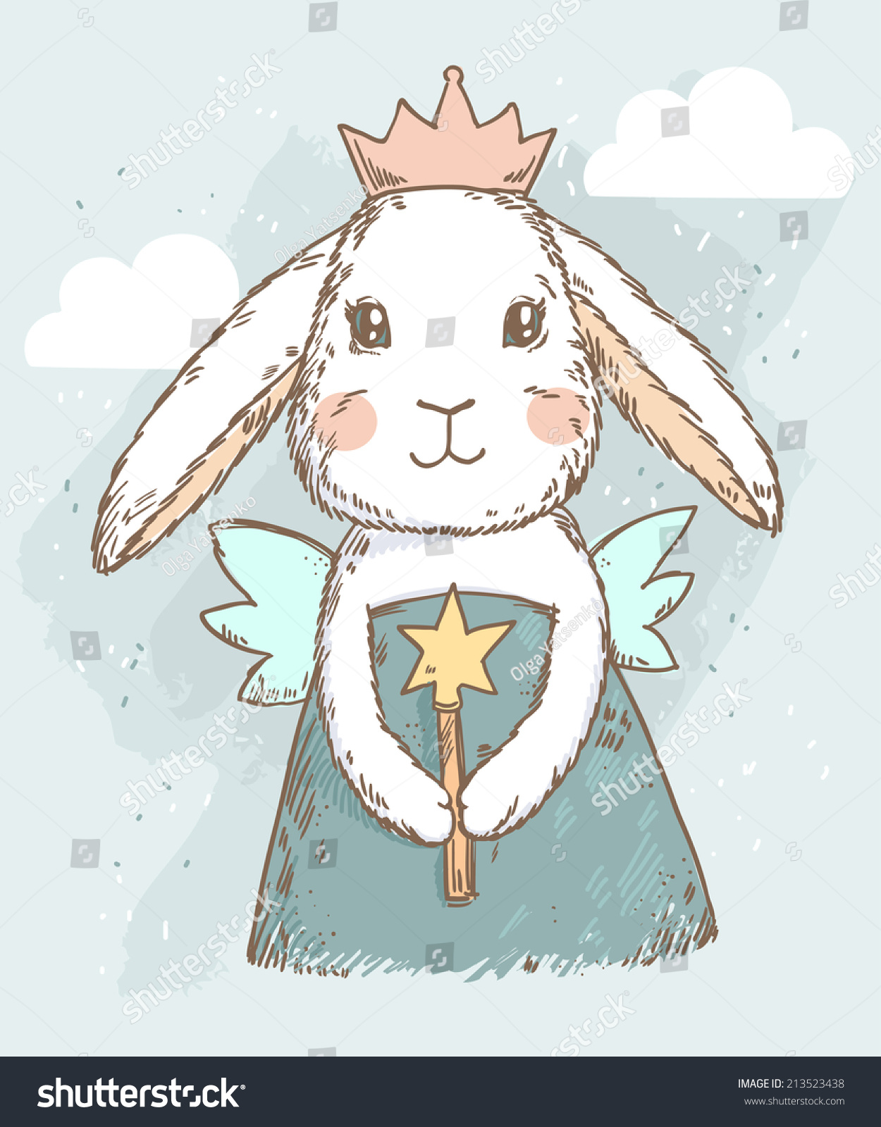 Cute fairy princess rabbit with magic wand  wings and crown. Vector illustration