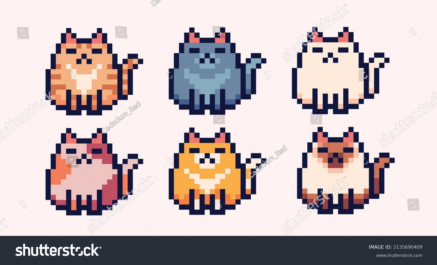 Different colors cats pixel art icon set. Kitty breeds logo collection. 8-bit sprite. Game development  mobile app.  Isolated vector illustration.