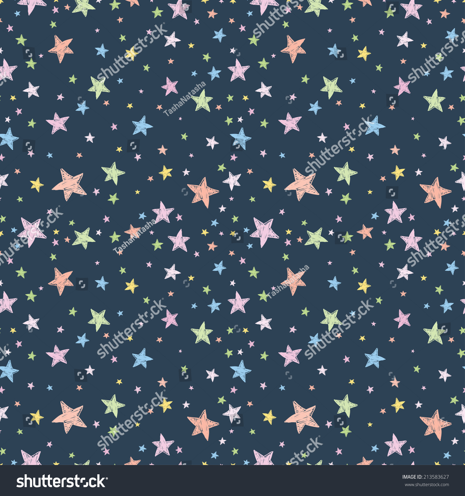 Seamless pattern with night sky and colorful hand drawn doodle stars. Vector tiling background.