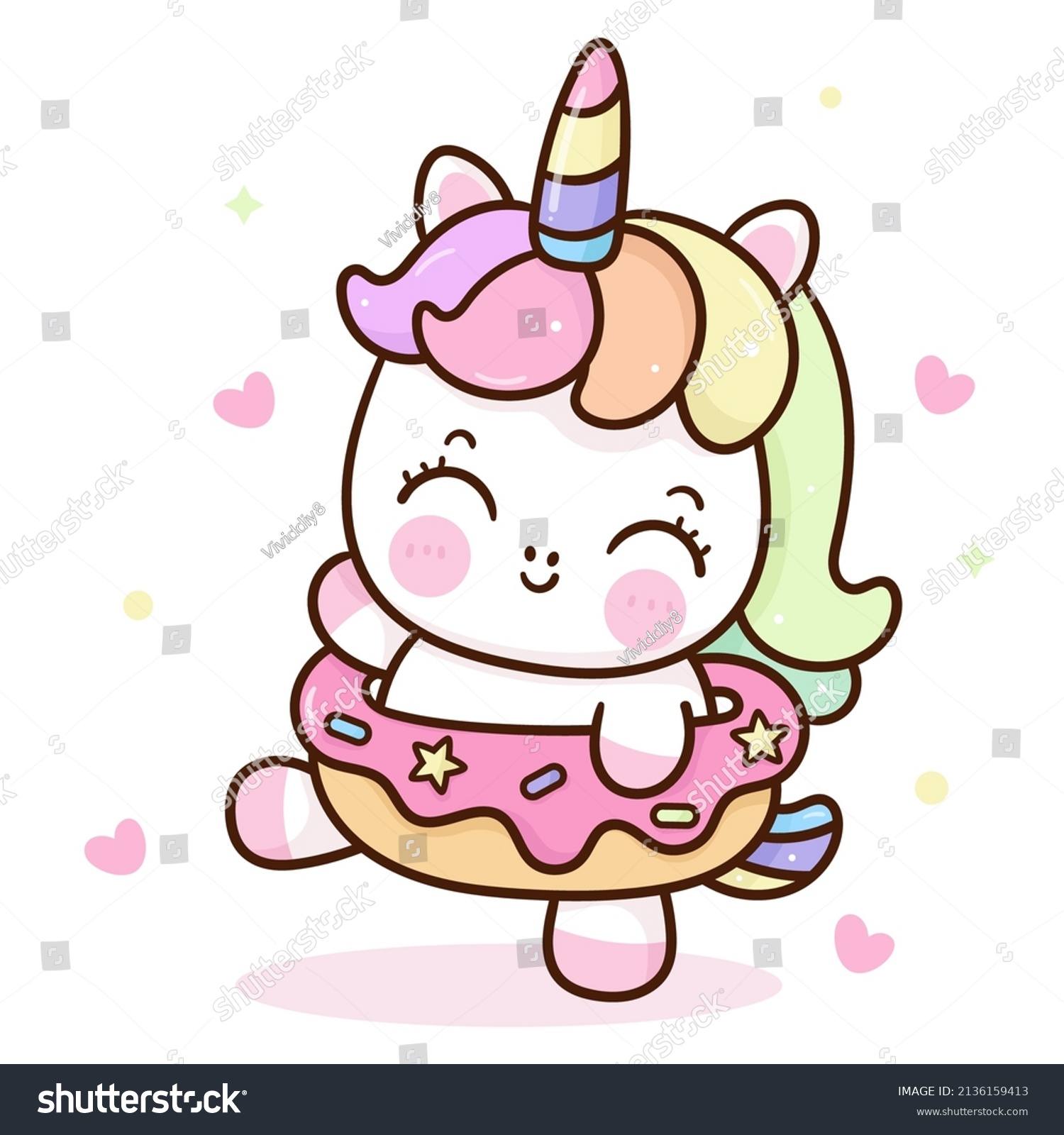 Cute unicorn cartoon sweet donut yummy dessert: Series fairy girl child pony kawaii animal character (flat Girly doodles). Perfect Nursery children  kids  greeting card  baby shower girl  fabric.