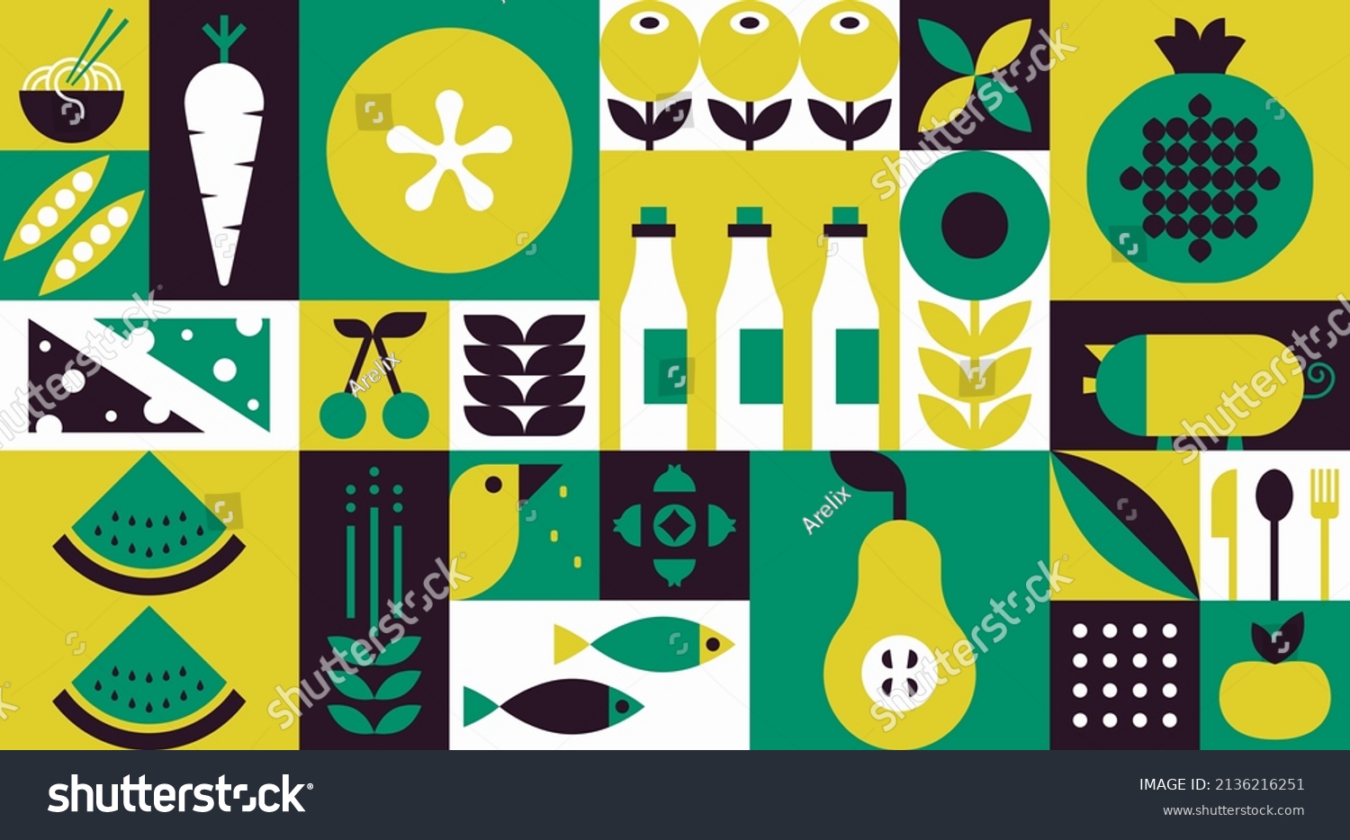 Food geometric mosaic background. Natural organic fruit vegetable pattern simple swiss bauhaus style. Vector illustration