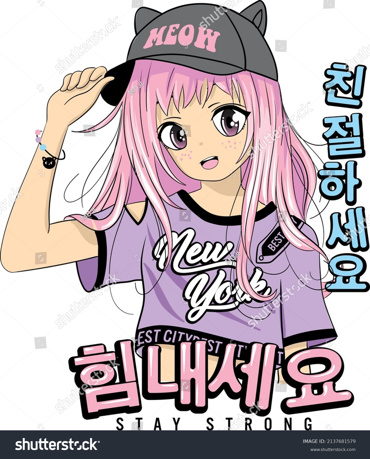 trendy girlish anime  big cartoon eye with long eyelashes and sparkles. Print with a slogan for a T-shirt. Japanese text means "Be kind  stay strong".