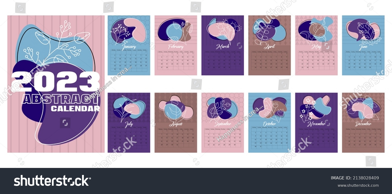Abstract calendar for 2023 in vertical A4 format. Calendar for 2023 by months with a cover  with trending color spots and line plants. Week starts on Monday. Isolating on white background.