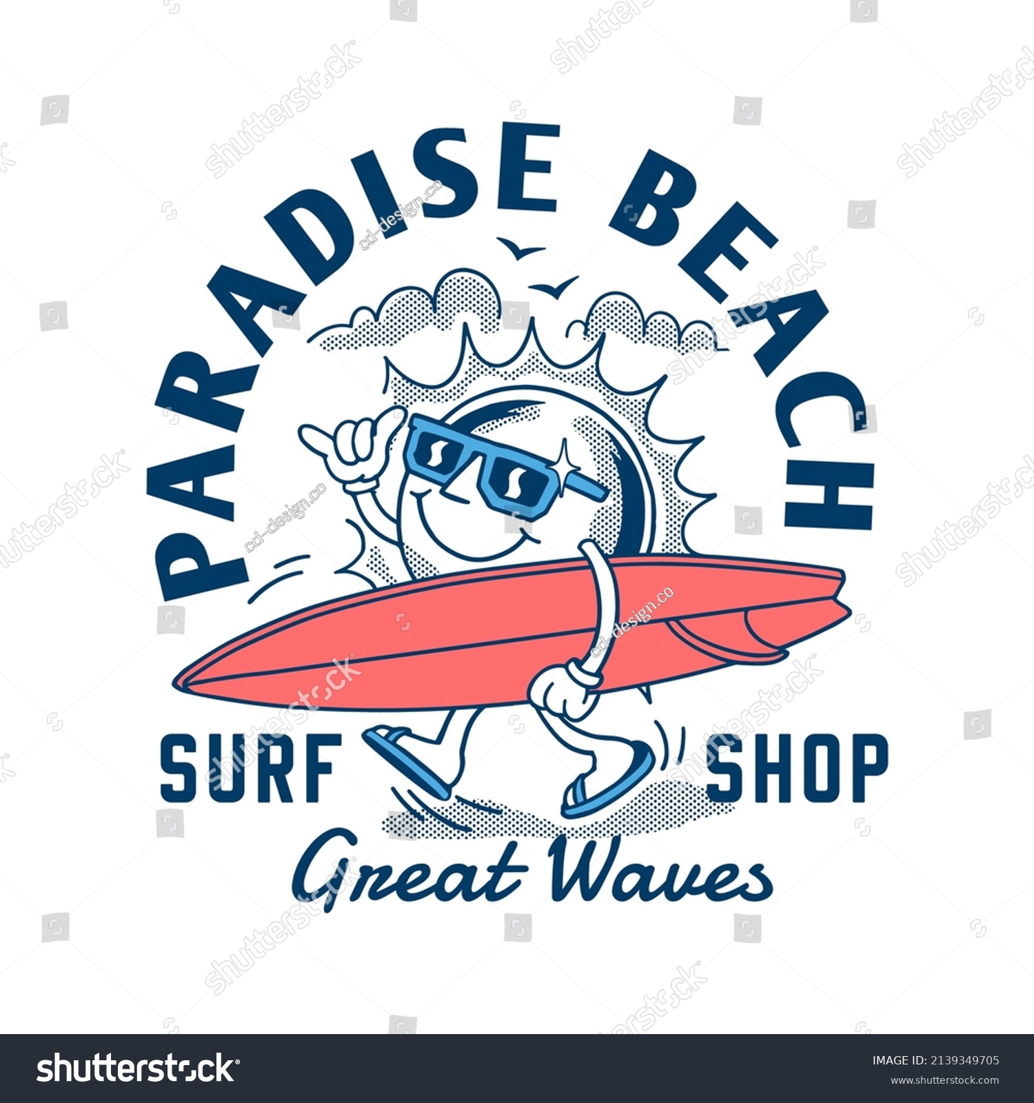 A cartoon sun character walking with a surfboard. Vector design for t-shirt prints  posters and other uses.