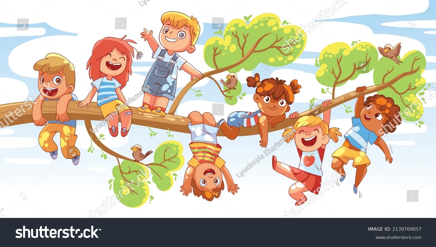Children hung on a tree branch on sunny day. Colorful cartoon characters. Funny vector illustration
