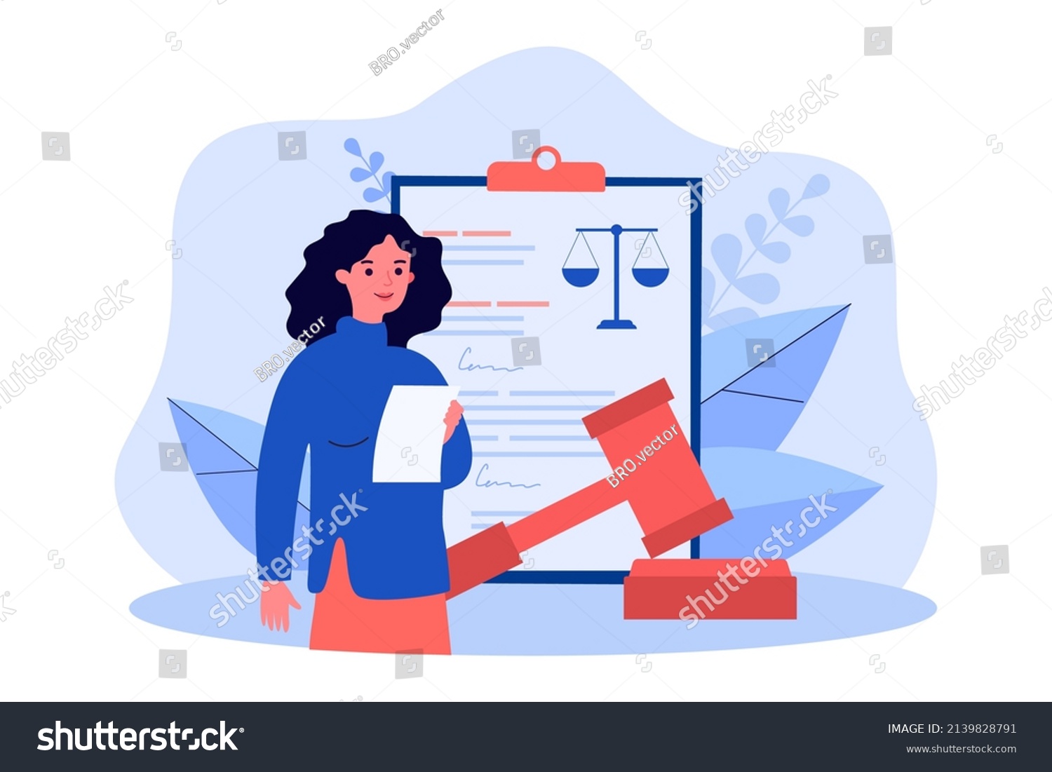 Lawyer working on judicial contract. Tiny woman standing with judges gavel and legal document flat vector illustration. Legislation  law concept for banner  website design or landing web page