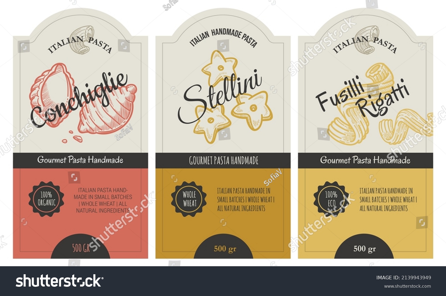 Italian pasta and macaroni labels for packages  cooking authentic dishes. Emblems with organic and natural ingredients  homemade ingredients for nutritious breakfast or meal. Vector in flat style