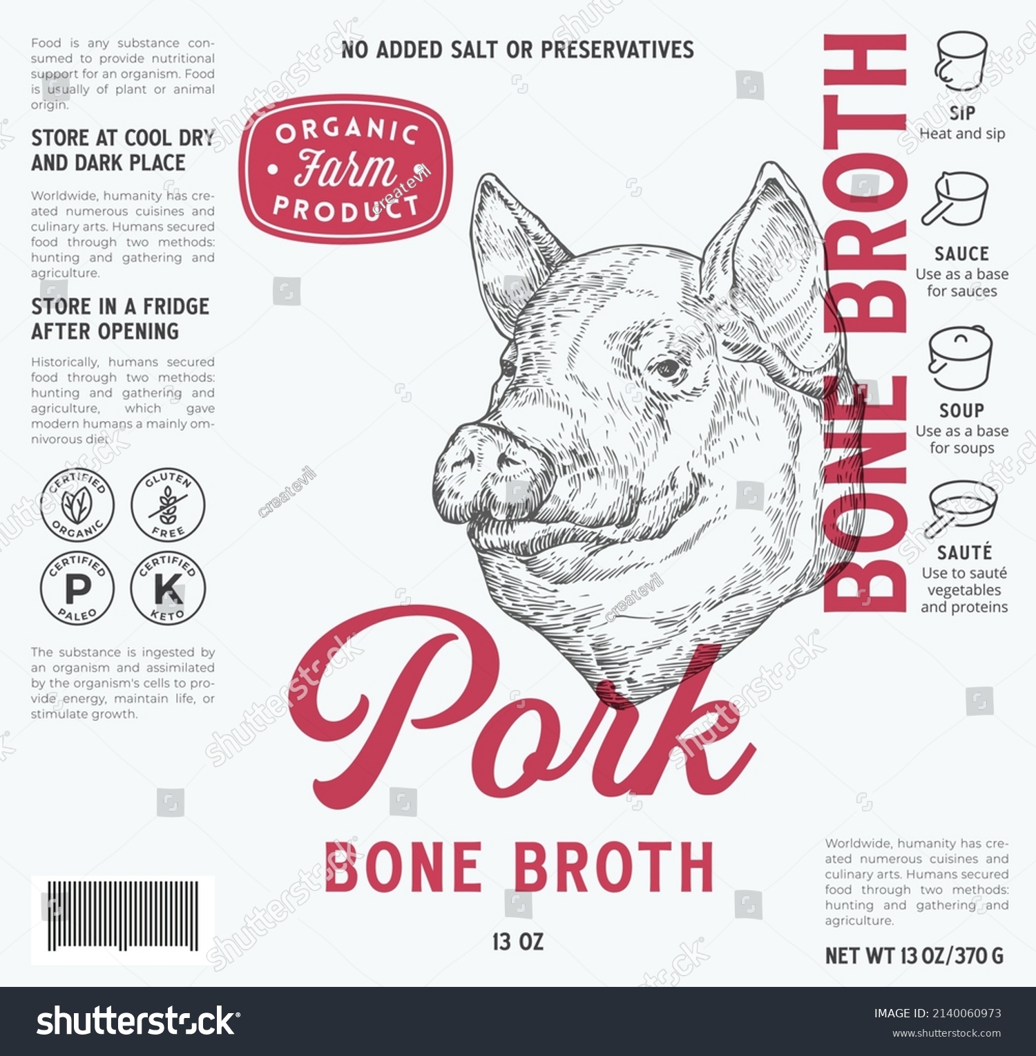 Pork Bone Broth Label Template. Abstract Vector Food Packaging Design Layout. Modern Typography with Hand Drawn Pig Face Sketch Background with Instruction Icons. Isolated