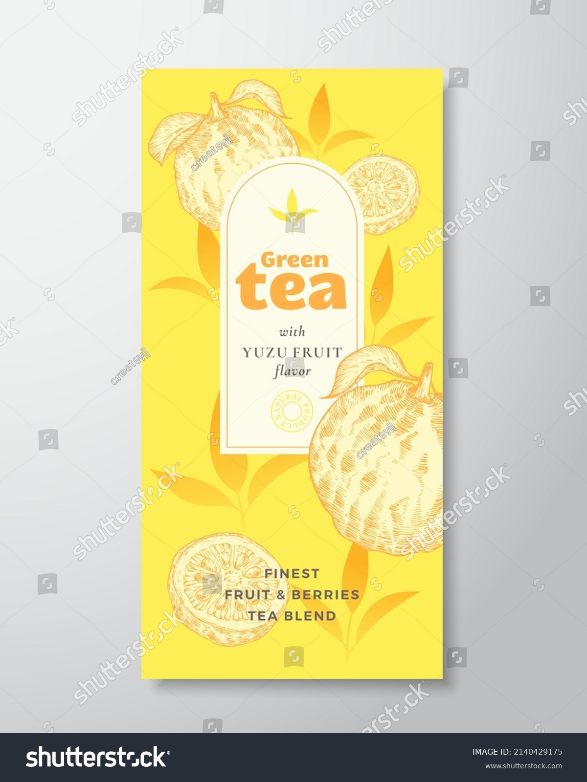 Fruit and Berries Tea Label Template. Abstract Vector Packaging Design Layout with Realistic Shadows. Hand Drawn Yuzu Fruit and Tea Leaves Decor Silhouettes Background. Isolated