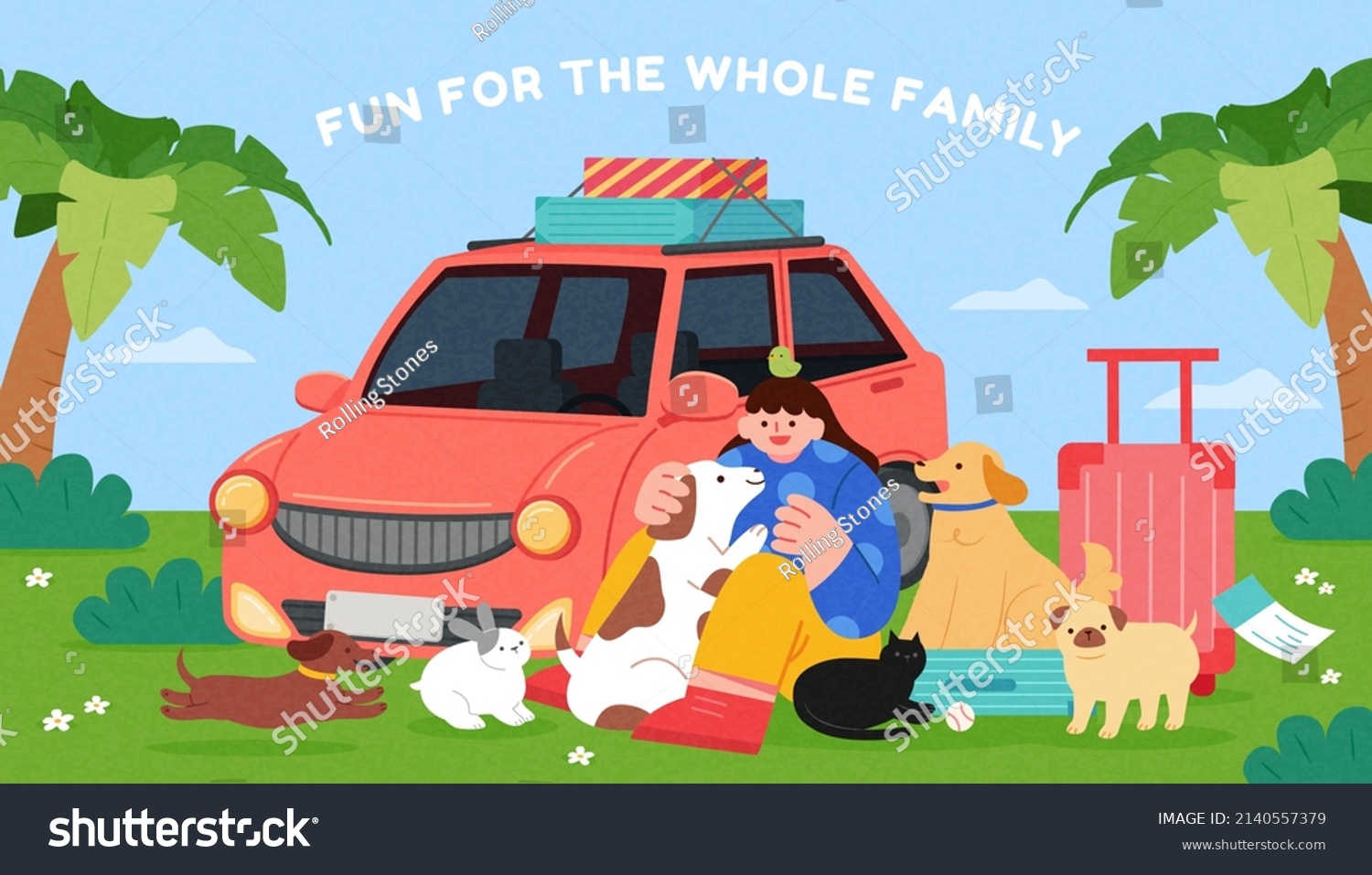 Vacation with pets. Flat illustration of a young woman going on vacation with lots of her pets which are her family member
