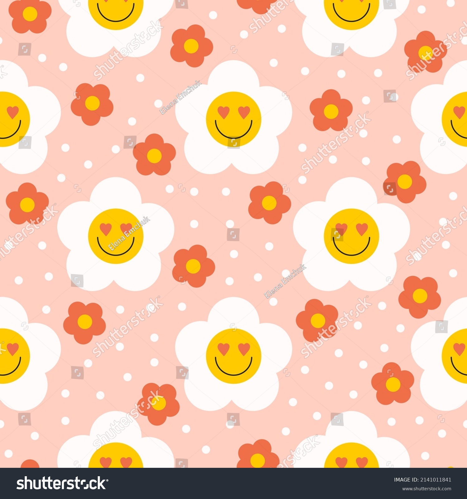 Retro  groovy seamless pattern with smiling flowers on a pastel background. Cute colorful trendy vector illustration in style 60s  70s	