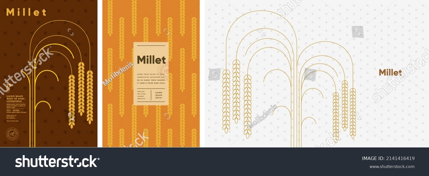 Millet. Food and natural products. Set of vector illustrations. Geometric  simple  linear style. Label  cover  price tag  background.
