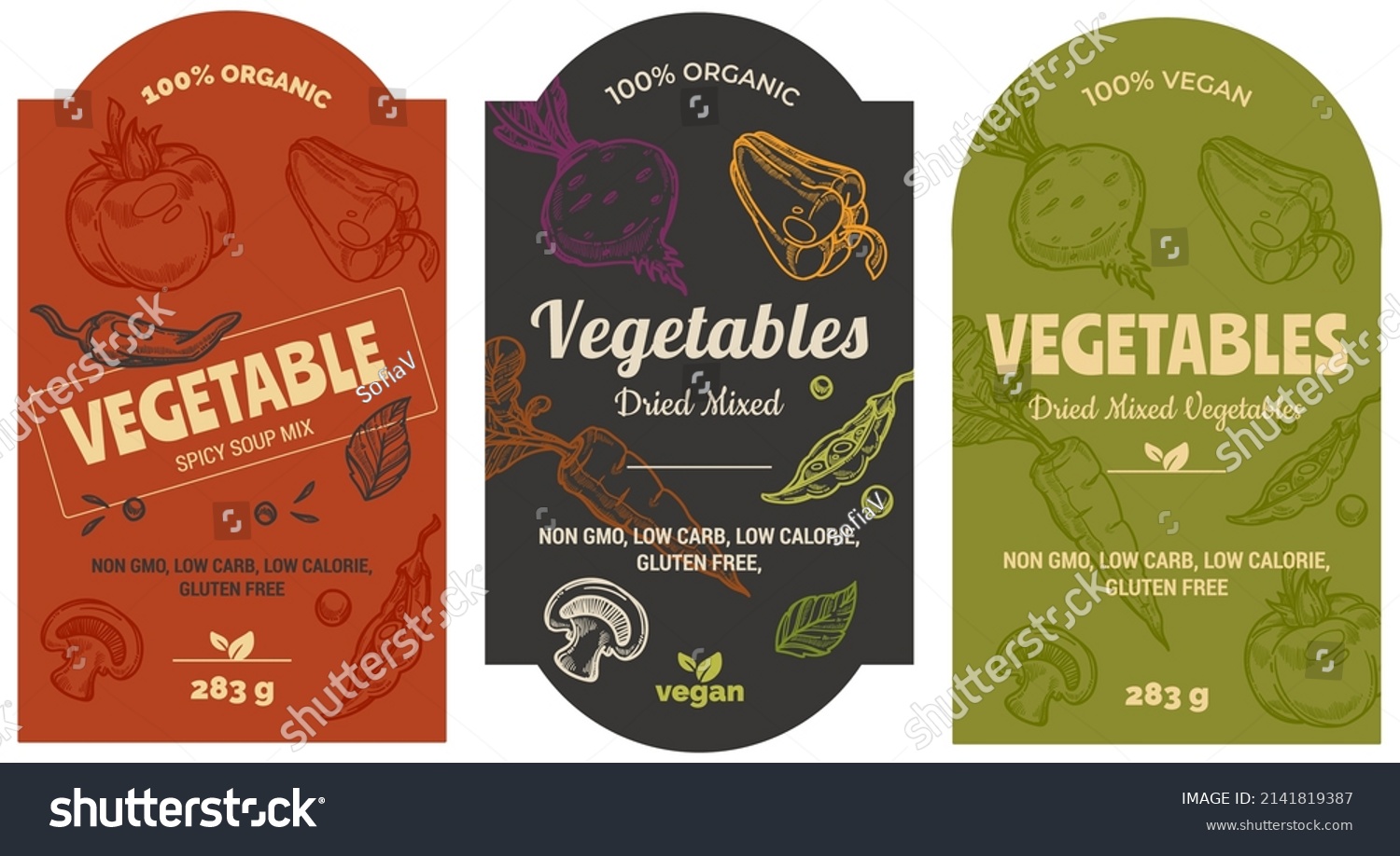 Organic and natural vegetables mix  for soups and salads. Cooking healthy dishes  vegan and vegetarian menu. Labels for product packages  peas and mushrooms  pepper and dill. Vector in flat style