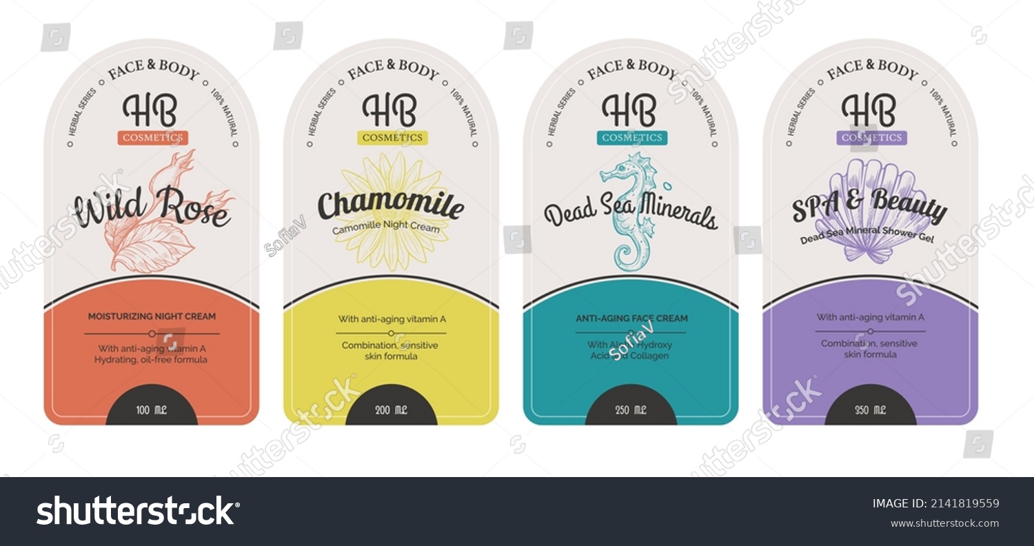 Dead sea minerals cream for beauty and skin care  isolated labels  and packages. Herbal tea  wild rose and chamomile tea  advertisement and emblems. Healthy ingredients. Vector in flat style