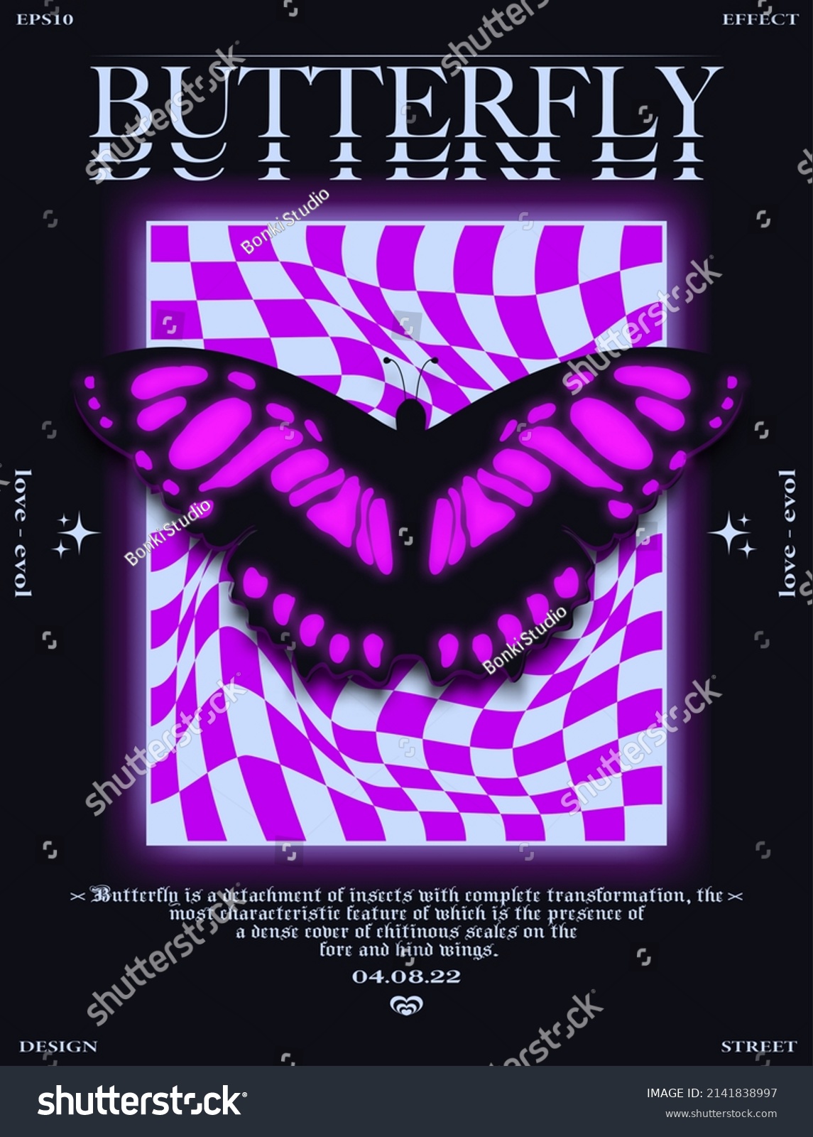 Modern abstract poster butterfly . In Y2K style  stylish print for streetwear  print for t-shirts and hoodies  isolated on black background