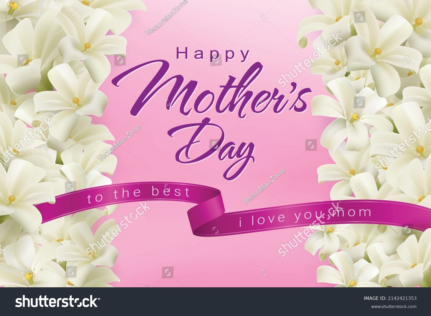 Happy Mother's Day greeting card with blossom white flowers. Realistic EPS file.