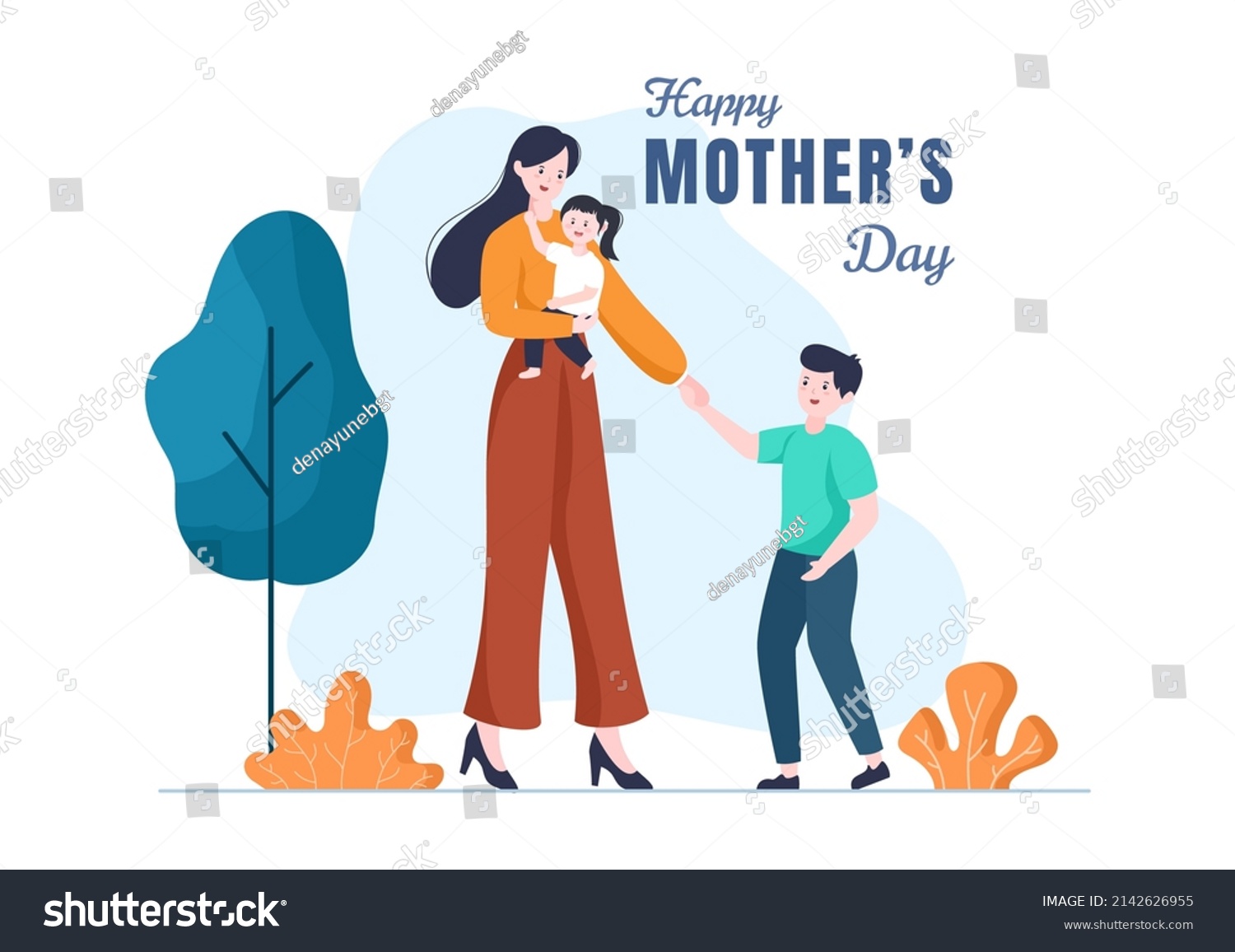 Happy Mother Day Flat Design Illustration. Mother Holding Baby or with Their Children Which is Commemorated on December 22 for Greeting Card or Poster