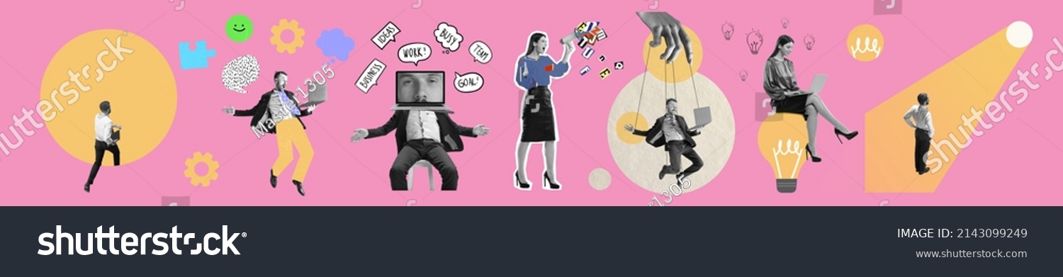Business process. Contemporary art collage made of shots of young men and women managers working hardly isolated over pink background Concept of art finance career co-workers team. Flyer