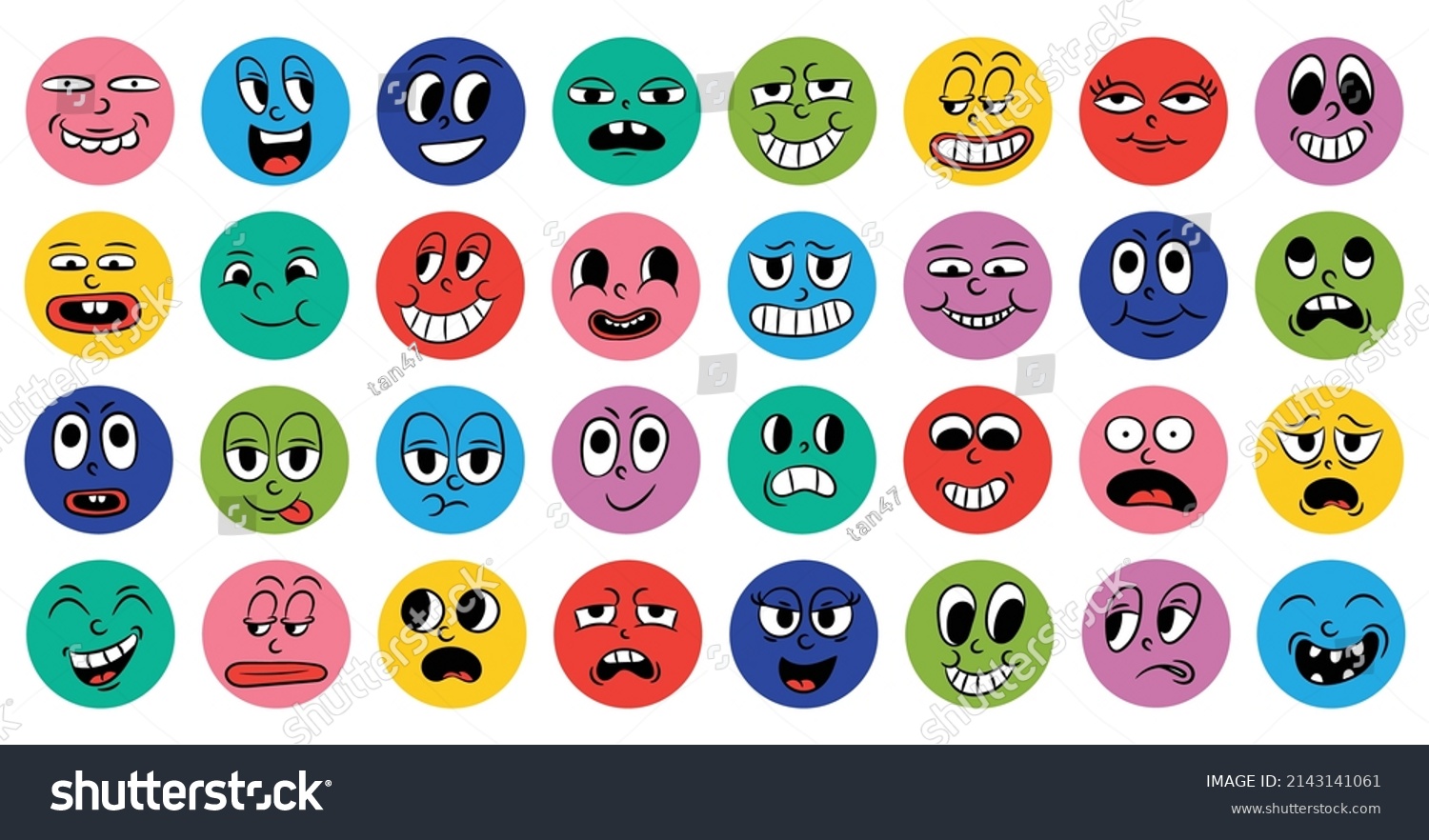 Set of cartoon comic funny faces in retro style with different expressions of emotions. Abstract round icons of heads of emotional characters. Emoji people animation in 50s 60s style. vector.