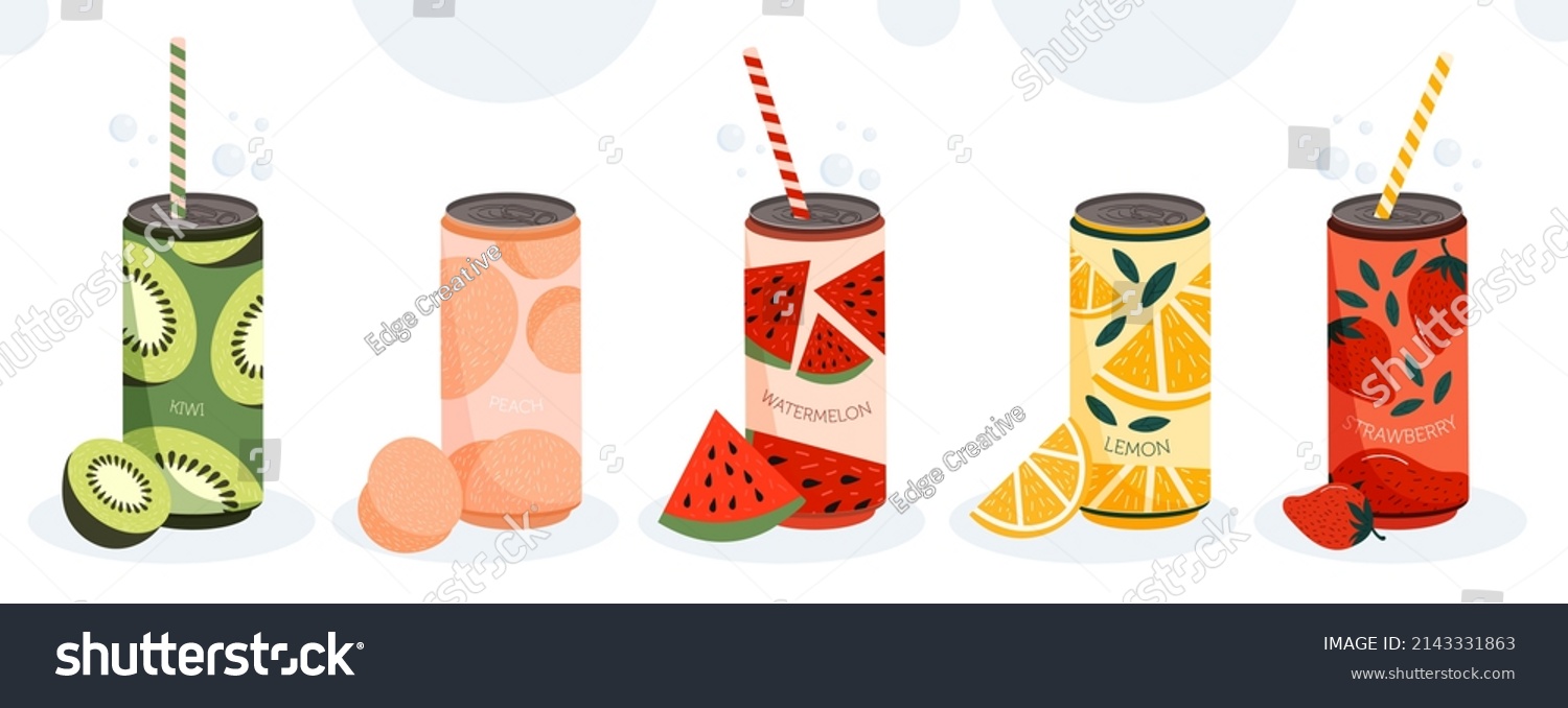 Set of Various tasty Sodas. Aluminum can with sweet fruit drinks or fresh peaches  kiwi or strawberries. Carbonated water. Packaging Design. Cartoon flat vector collection isolated on white background