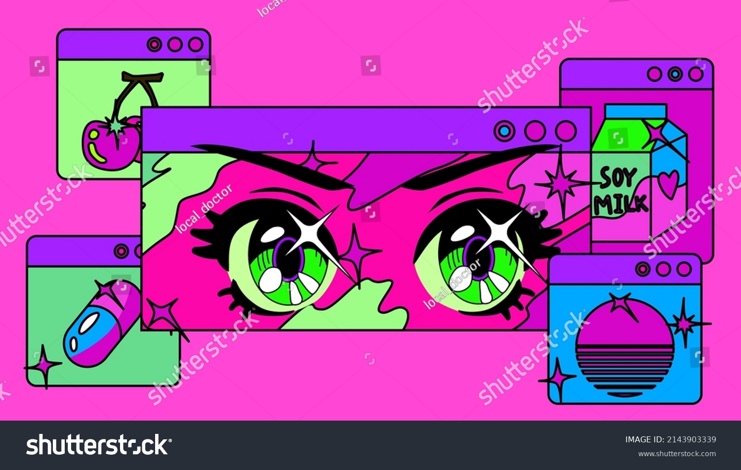 Vaporwave the 90's like style collage with user interface elements and cartoon anime illustrations.
