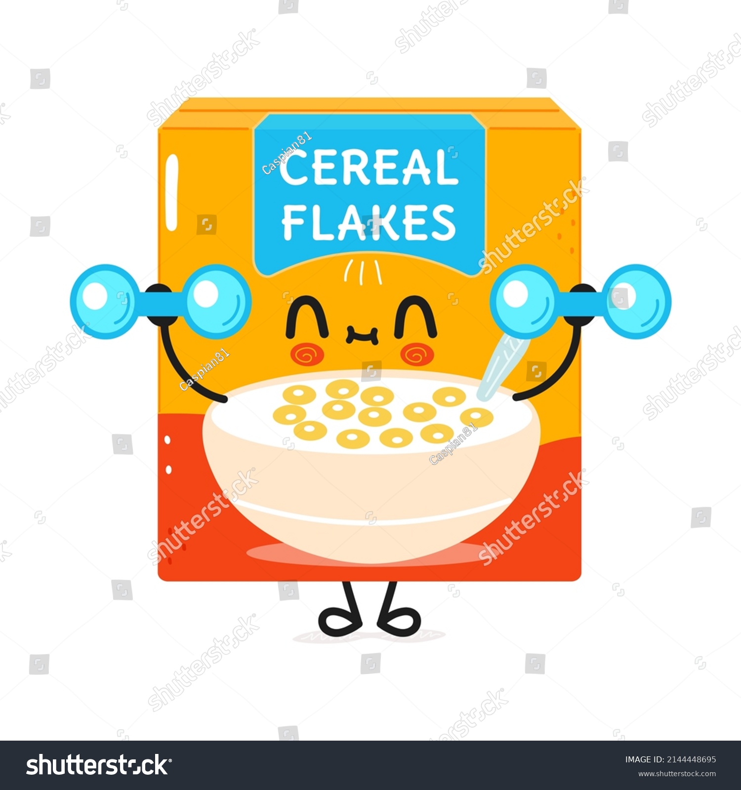 Cute funny cereal flakes character dumbbells. Vector hand drawn cartoon kawaii character illustration icon. Isolated white background. Cereal flakes character gym emoji child face adorable kids