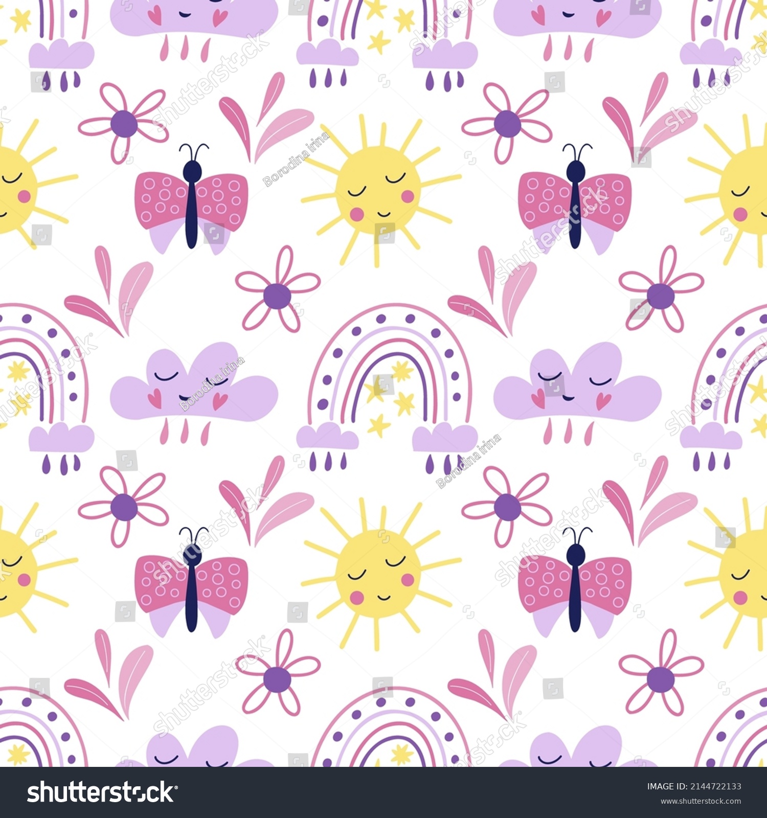 Seamless pattern with cute pink butterfly  sun  flowers  clouds  rainbows on a white backfround. Vector graphics for prints on childrens clothes  t-shirts  pillows  wallpapers  packaging  packages.