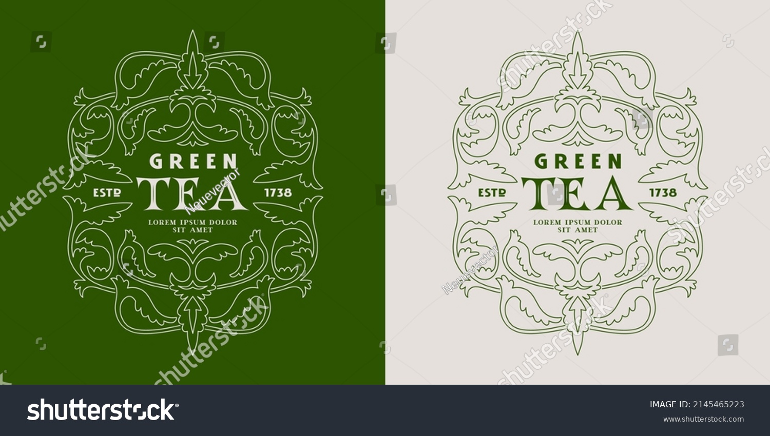 Template decorative label for green tea. Design with floral ornament in thin line style. Vector illustration