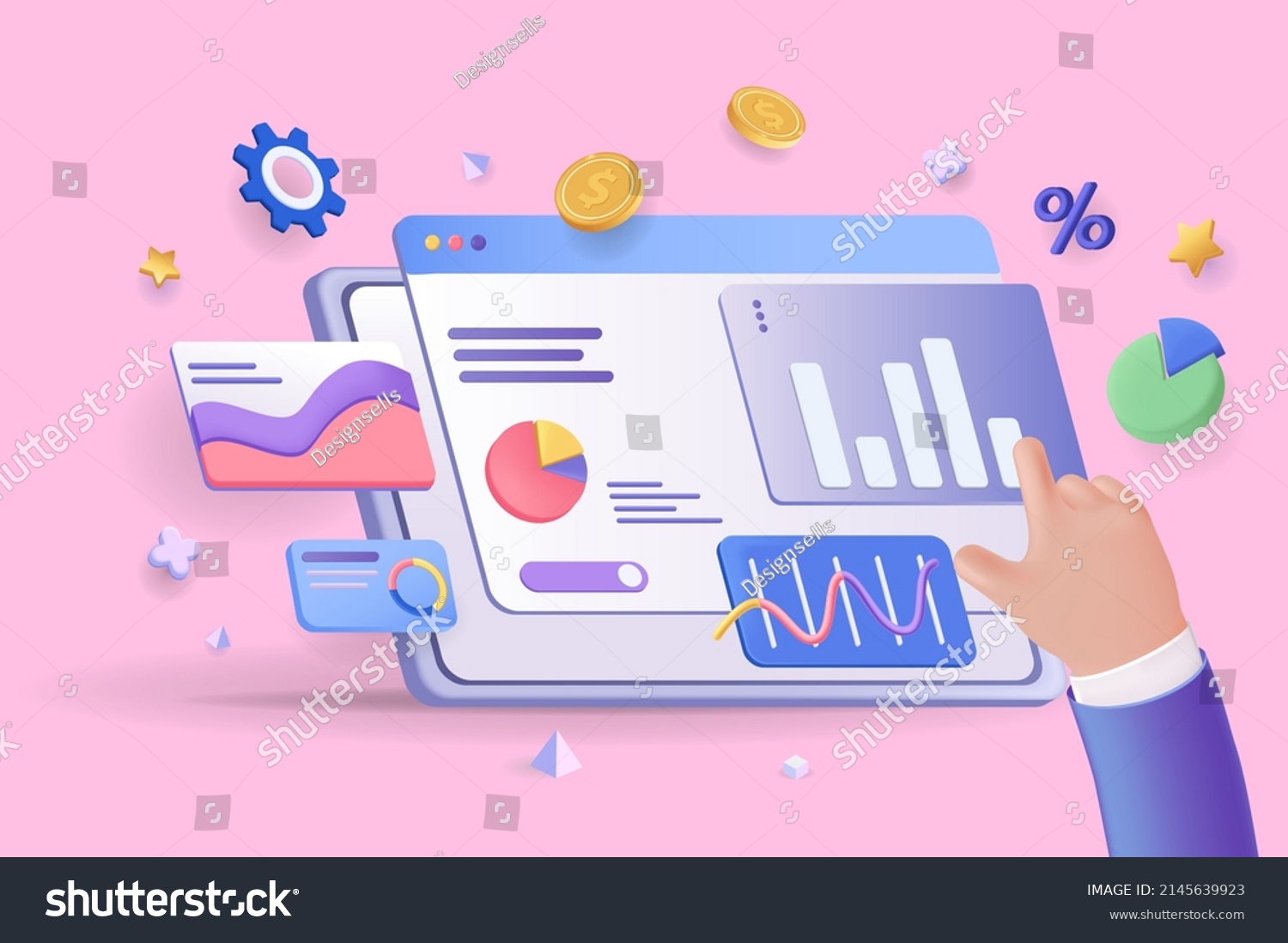 Financial report chart concept 3D illustration. Icon composition with dashboard with charts and graphs. Business analytics  accounting  budget calculating. Vector illustration for modern web design