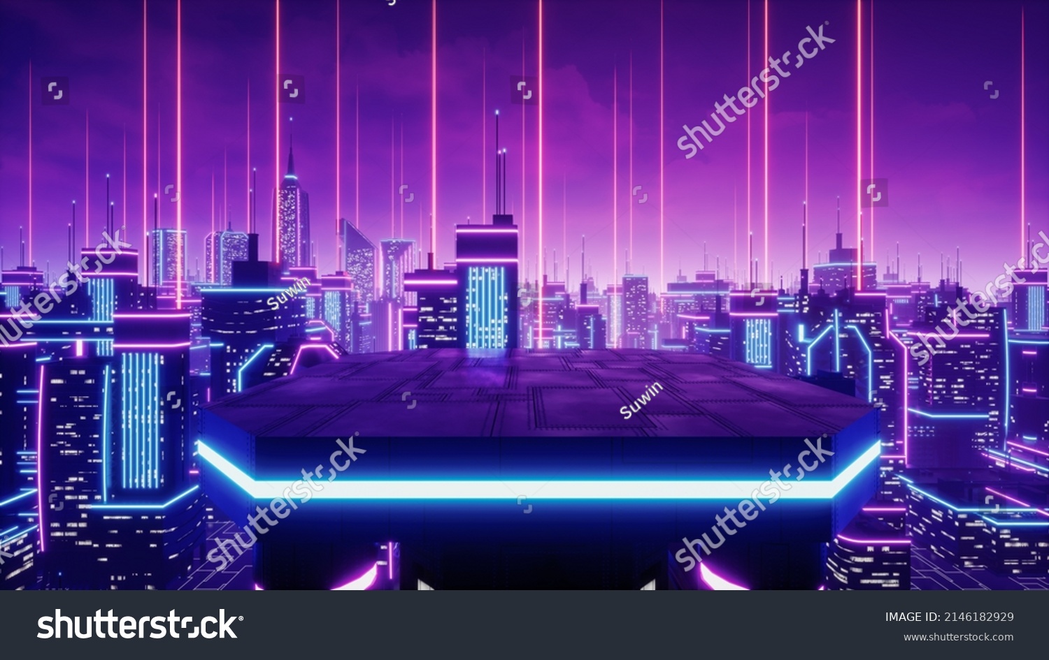 Rooftop view in metaverse city  3d render