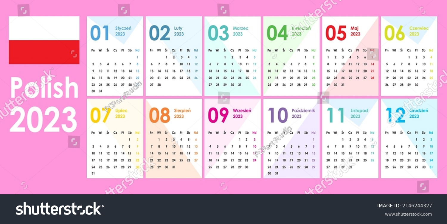 Calendar for 2023. Simple and clean appearance. Geometric figures  background. Pocket cards. Wall  office calendar. Week starts monday. Polish language.
