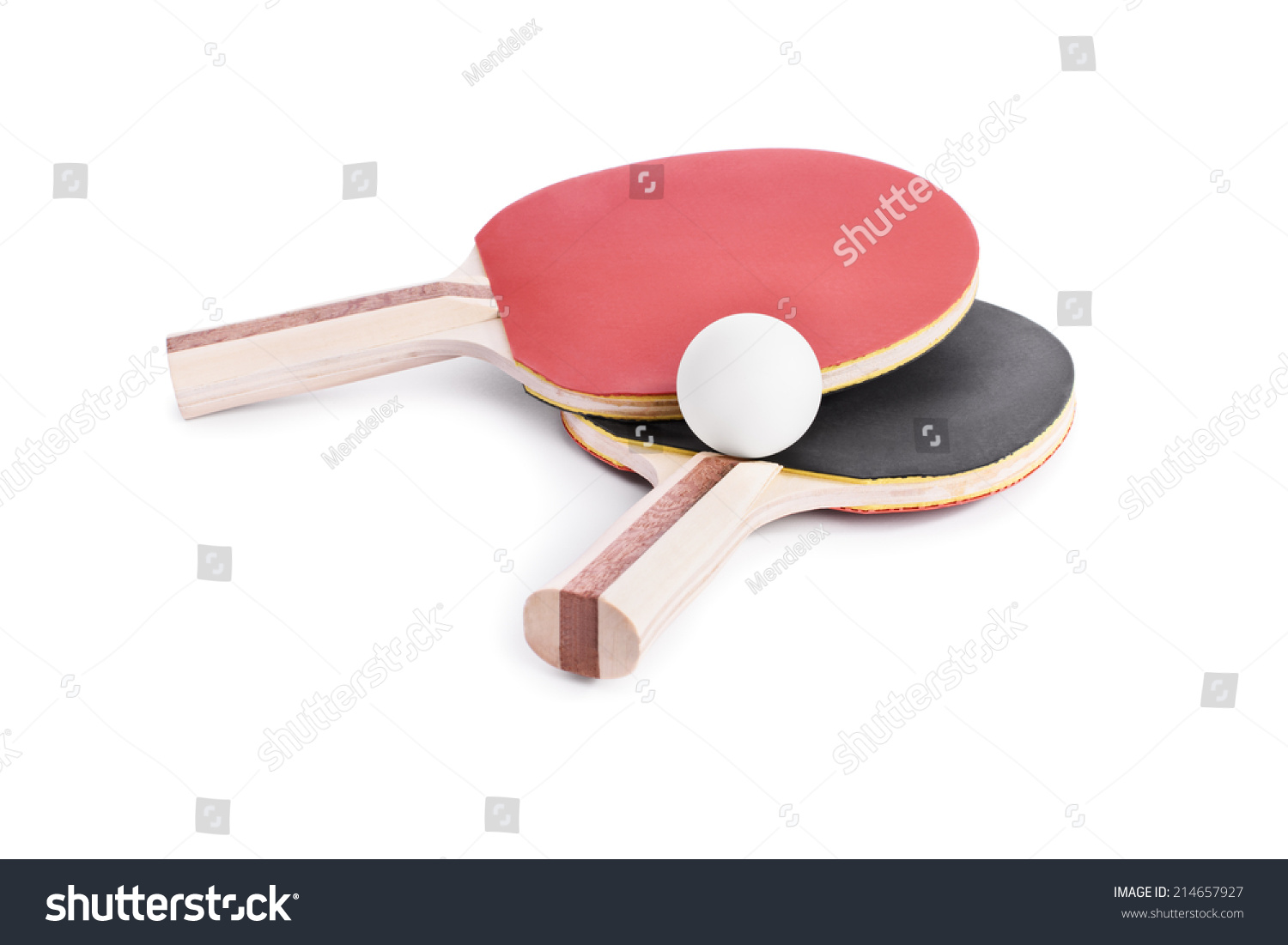 Close-up shot of ping pong bats with a ball isolated on white background