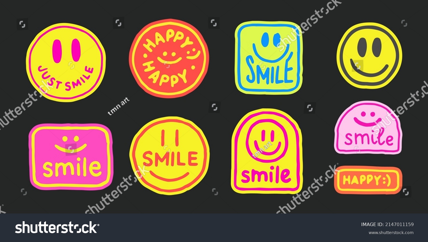 Set Of Cool Trendy Hand Drawn Smile Stickers Vector Design. Abstract Pop Art Patches.