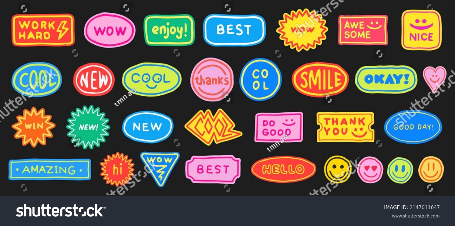 Hand Drawn Sticker Pack. Set of Cool Vector Patches. Collection of Trendy Pop Art Badges. Smile Emoticon Pins.