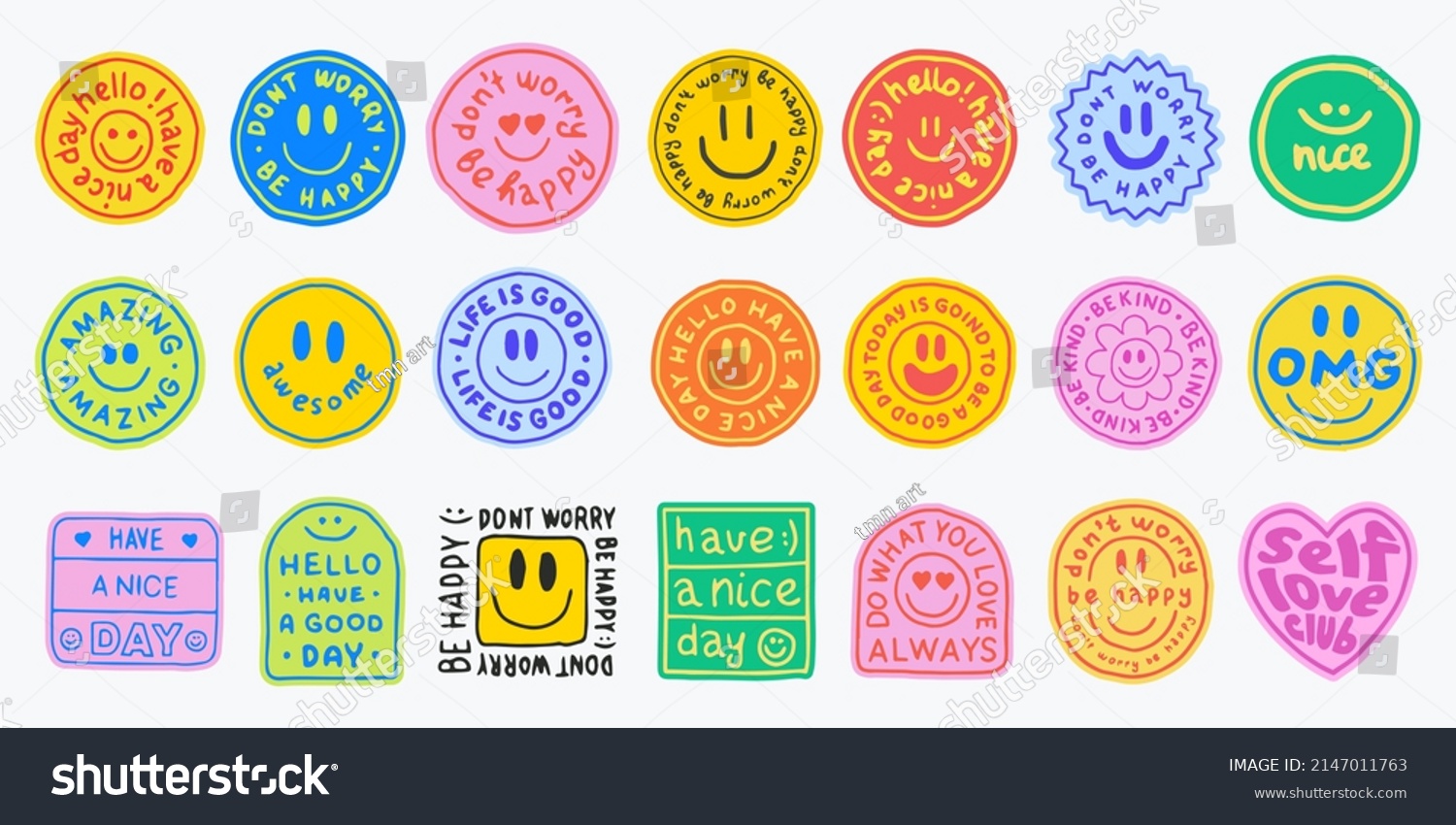 Cool hand drawn stickers collection vector design. Set of Trendy Emoticon Smile Patches. Groovy Badges.